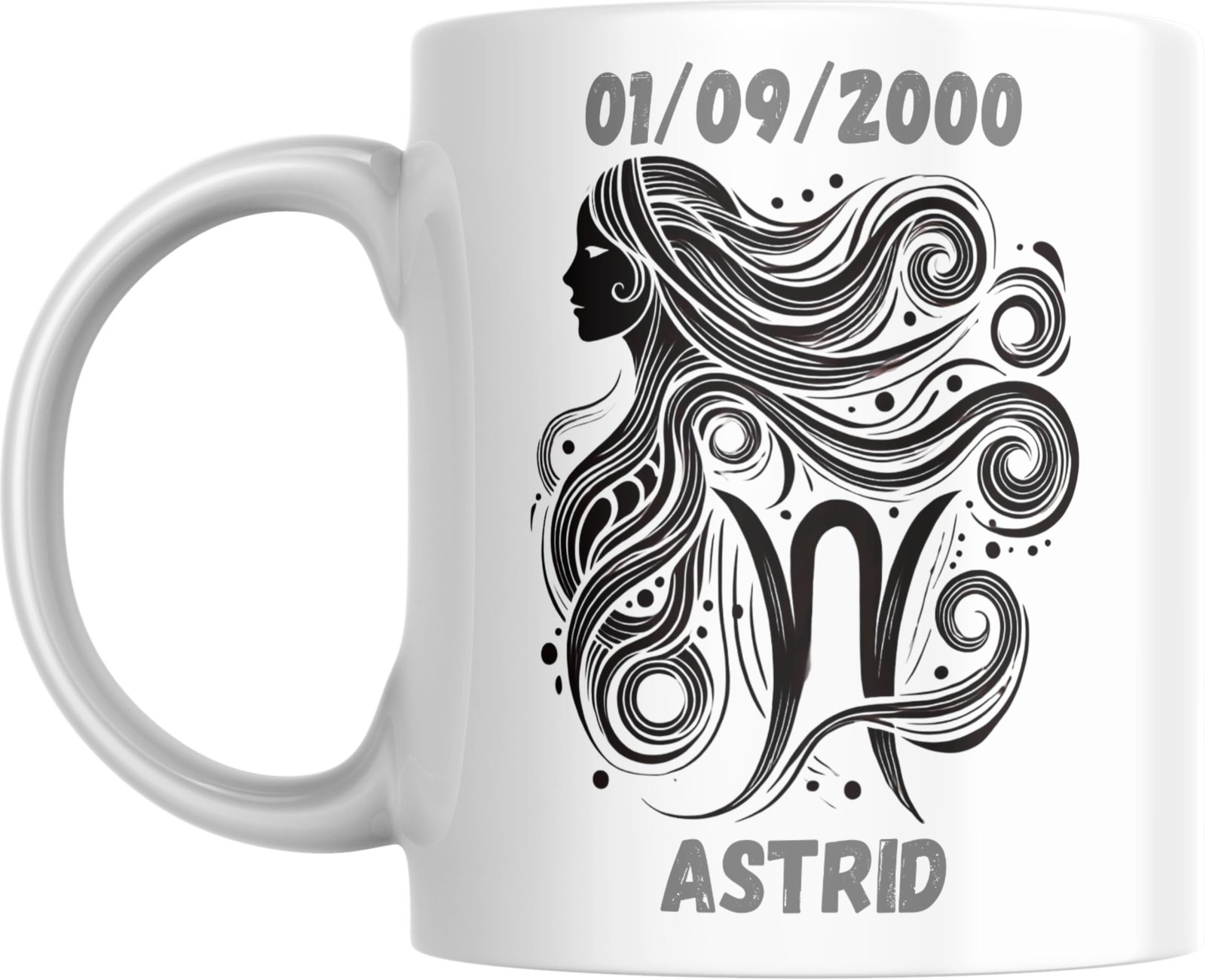 Mug signe astrologique Vierge personnalisé : profil féminin à la longue chevelure, prénom et date de naissance