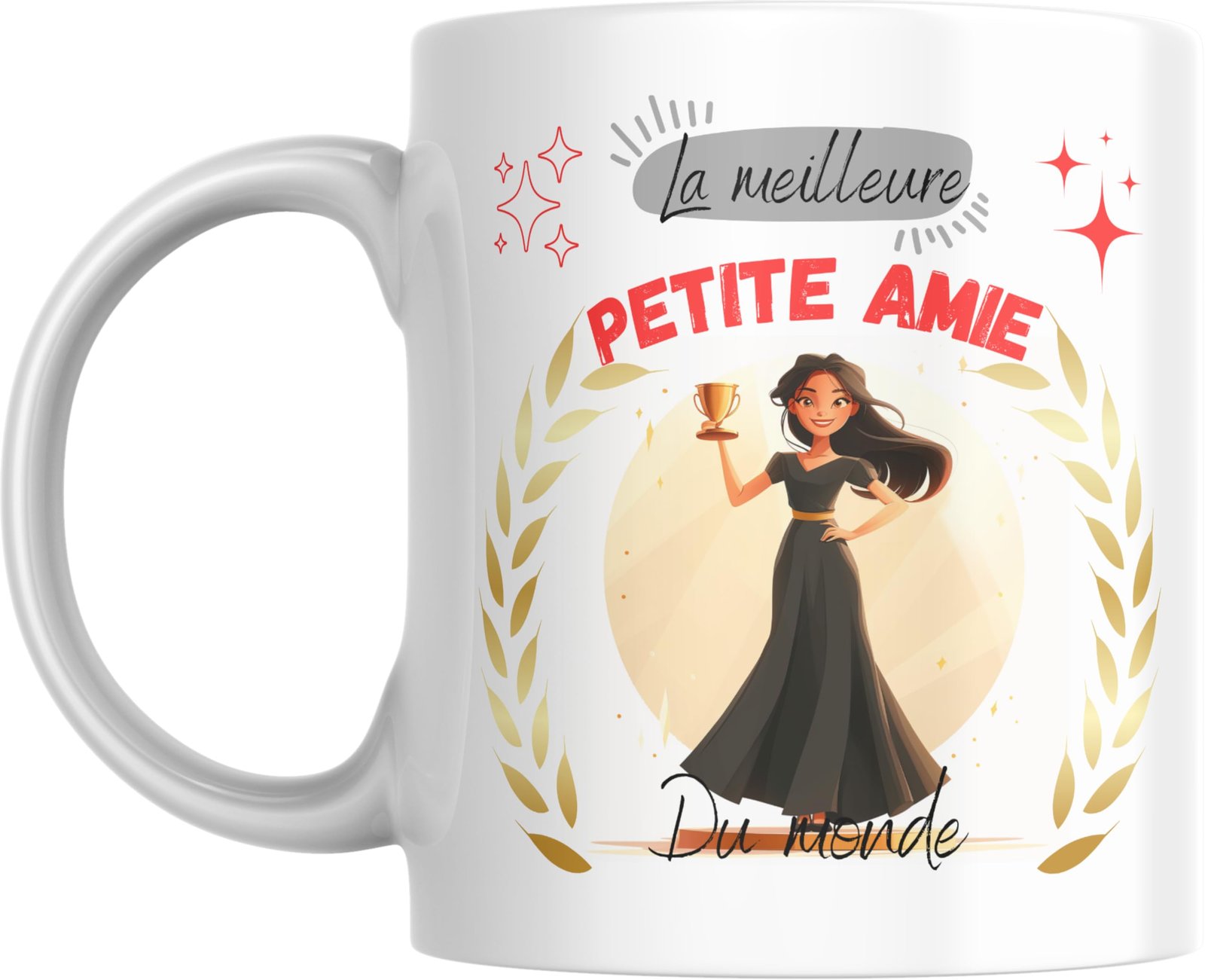 Mug meilleure petite amie du monde avec jeune femme en robe noire tenant une coupe