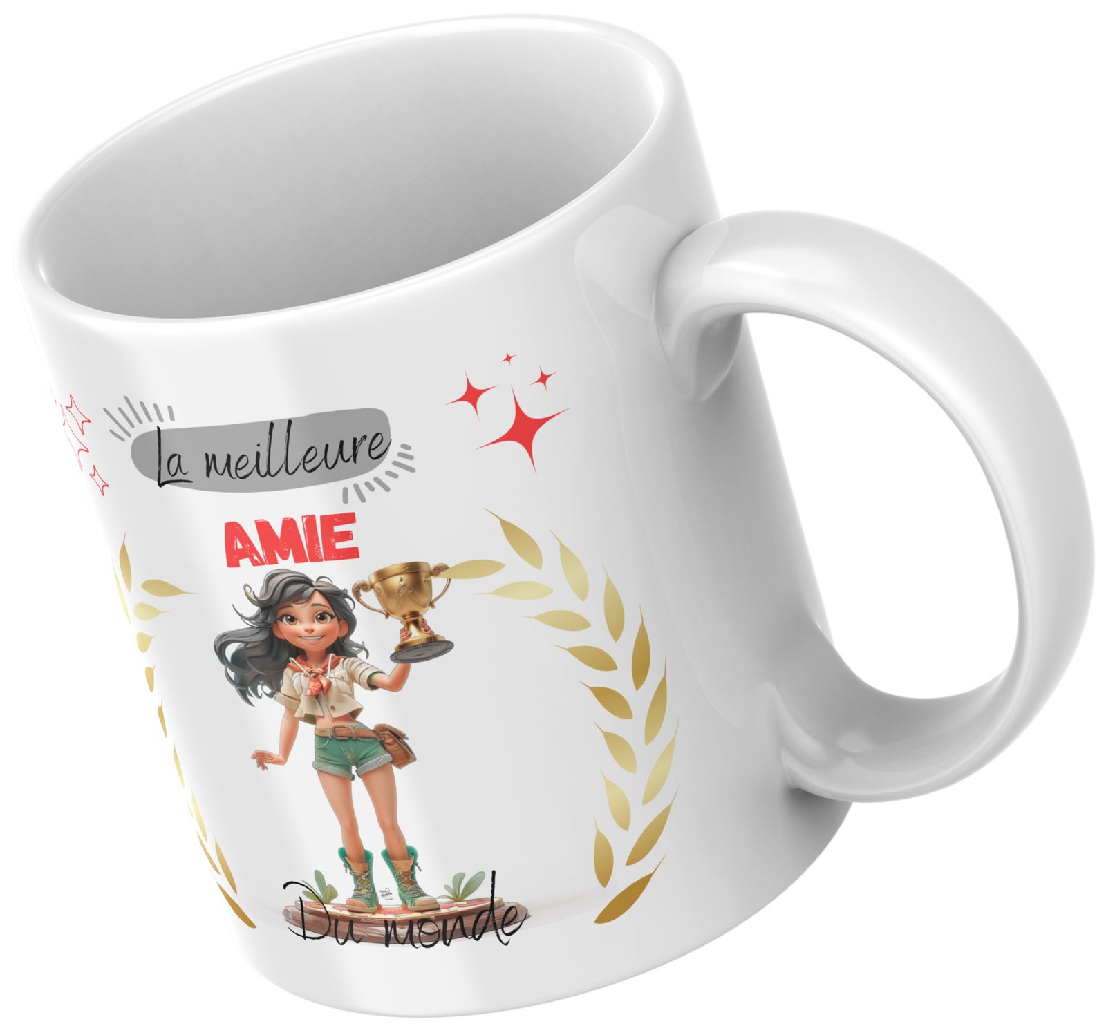 Mug meilleure amie du monde, laurier doré et étoiles rouges