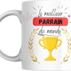 Mug meilleur parrain du monde avec coupe dorée et bandeau rouge