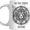 Mug signe astrologique Lion personnalisé : tête de lion dans un médaillon solaire, prénom et date de naissance