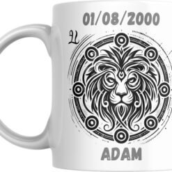 Mug signe astrologique Lion personnalisé : tête de lion dans un médaillon solaire, prénom et date de naissance