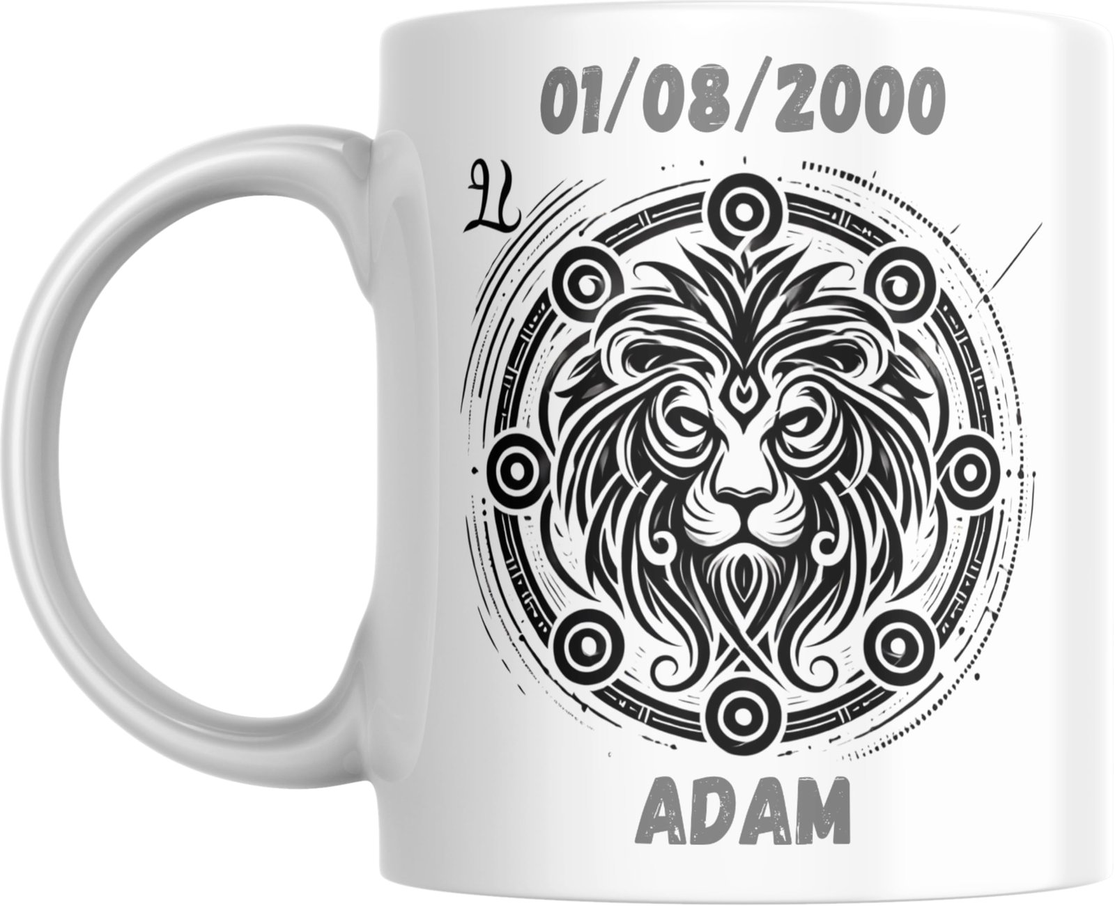 Mug signe astrologique Lion personnalisé : tête de lion dans un médaillon solaire, prénom et date de naissance