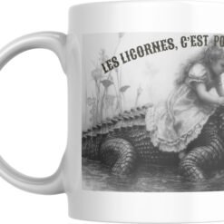 Mug humour licorne avec petite fille sur un crocodile en illustration vintage