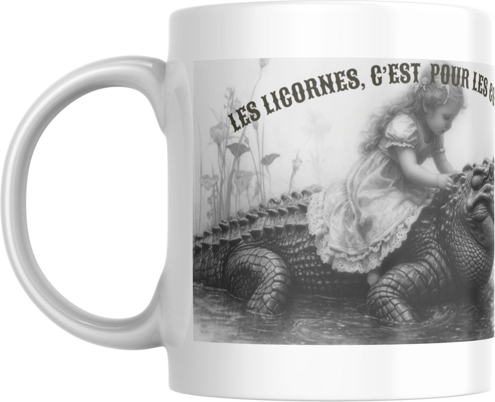 Mug humour licorne avec petite fille sur un crocodile en illustration vintage