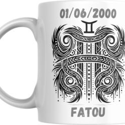 Mug signe astrologique Gémeaux personnalisé : glyphe des Gémeaux en colonnes entrelacées, prénom et date de naissance