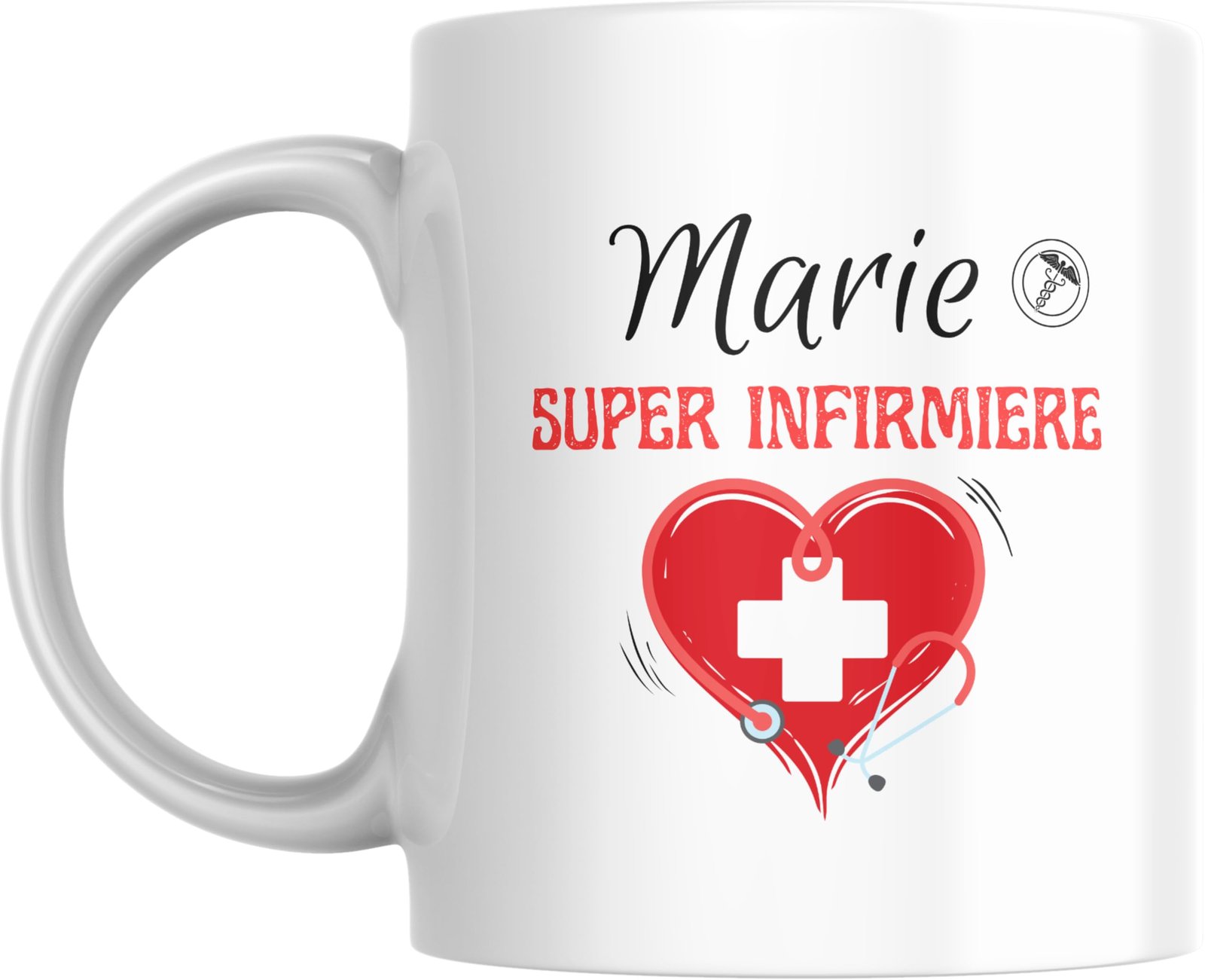 Mug infirmière personnalisé avec prénom Marie et cœur stéthoscope