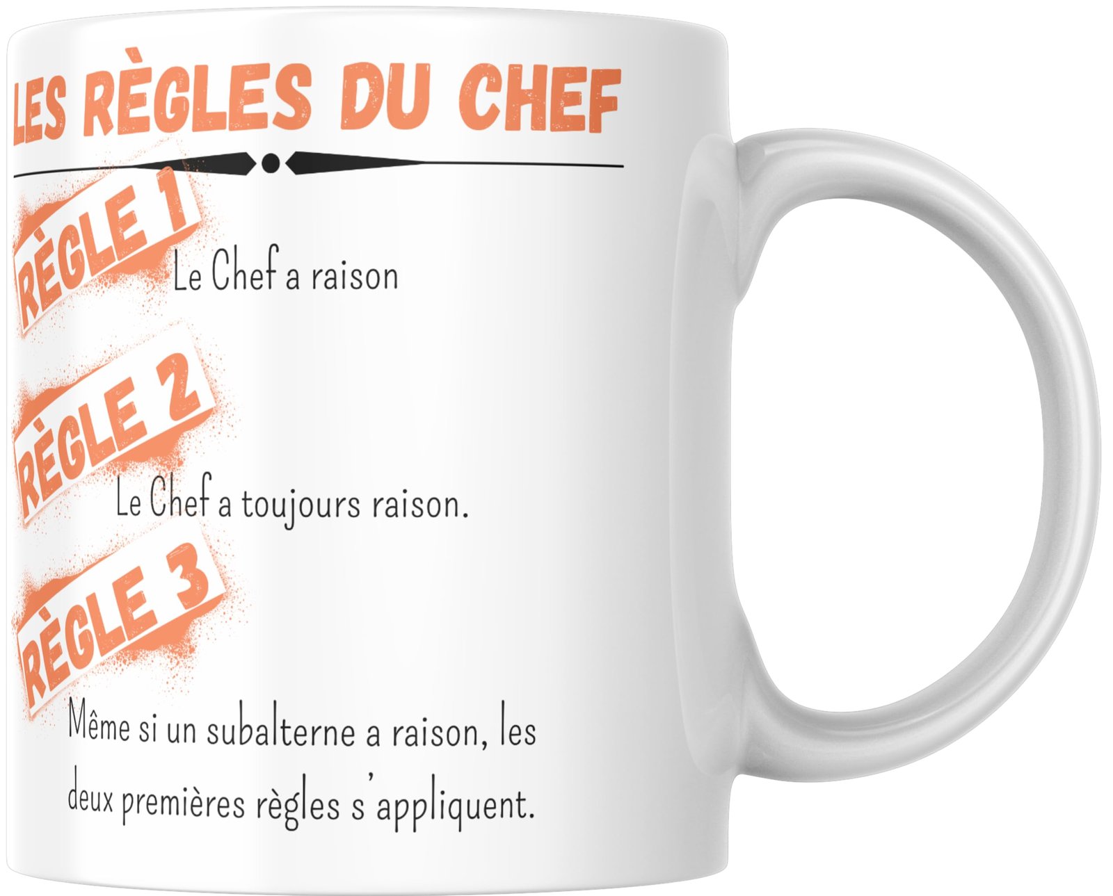 Mug Les règles du chef avec les règles 1, 2 et 3 en orange