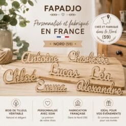 Prénoms en bois posés sur une planche, avec les points forts : bois de tilleul, personnalisation, fabrication dans le Nord
