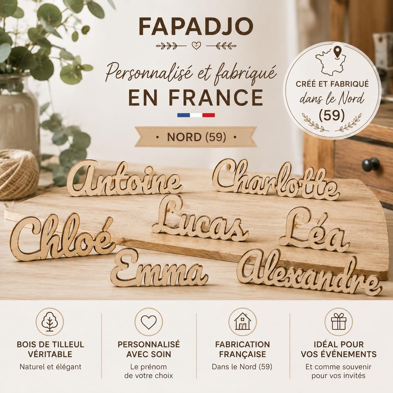 Prénoms en bois posés sur une planche, avec les points forts : bois de tilleul, personnalisation, fabrication dans le Nord