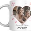 Mug photo cœur personnalisé avec photo de famille et texte Je t’aime