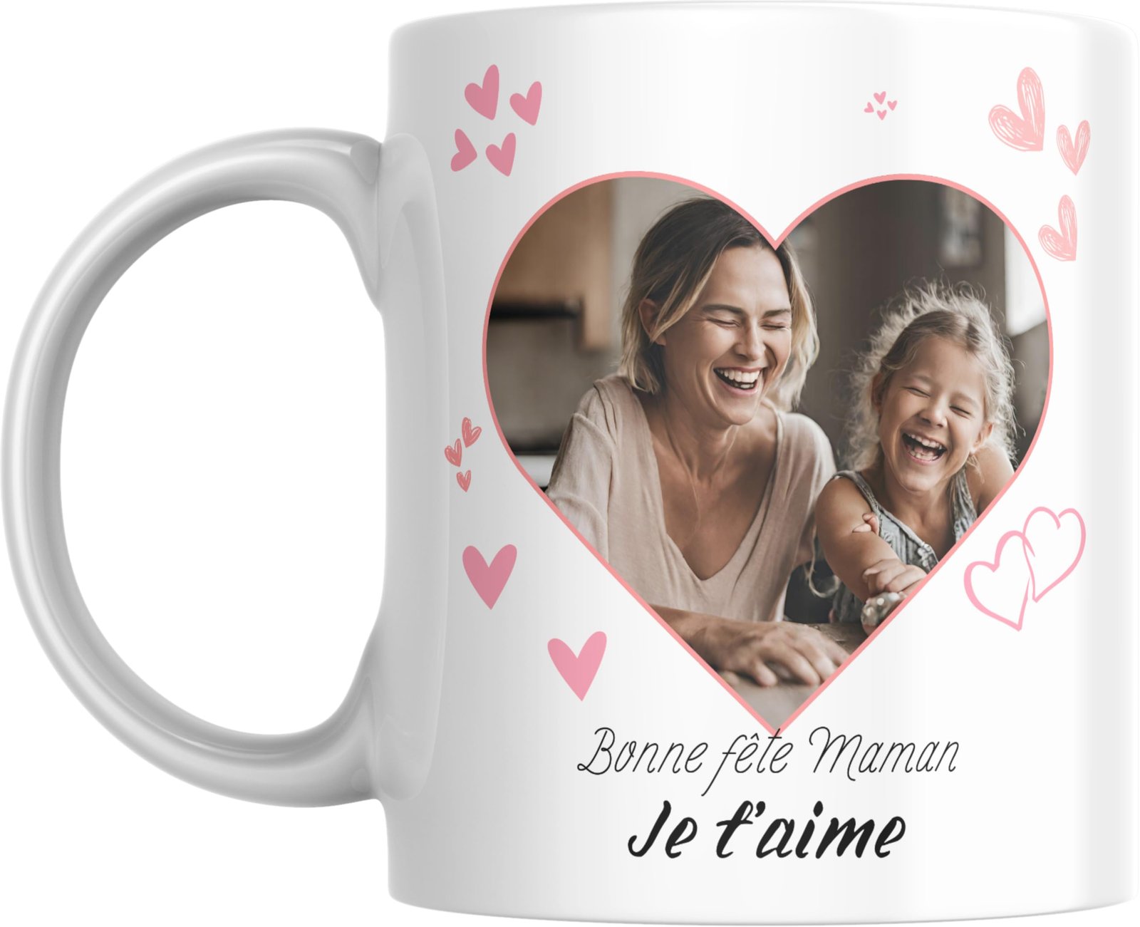 Mug photo cœur personnalisé avec photo de famille et texte Je t’aime