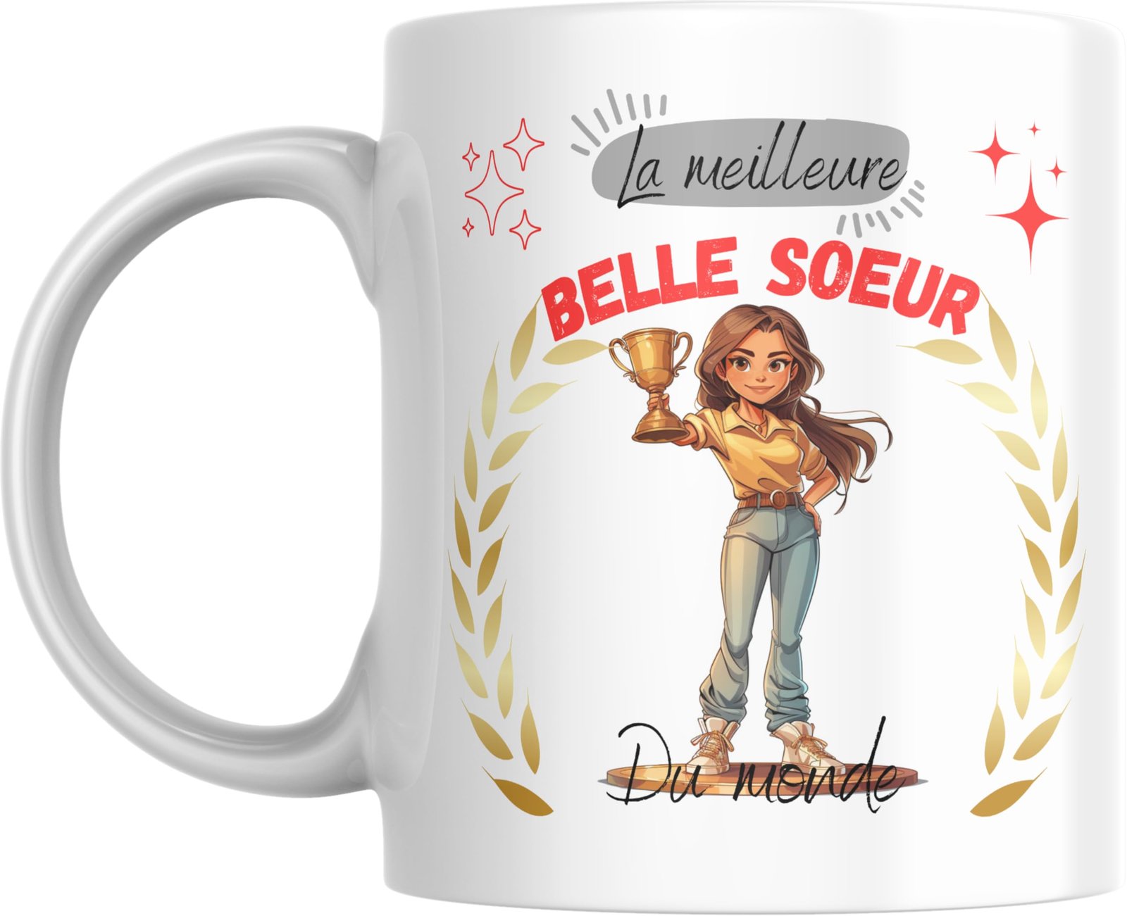 Mug meilleure belle-sœur du monde avec jeune femme illustrée tenant une coupe