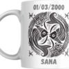 Mug signe astrologique Poissons personnalisé : deux poissons tête-bêche, prénom et date de naissance