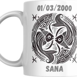 Mug signe astrologique Poissons personnalisé : deux poissons tête-bêche, prénom et date de naissance