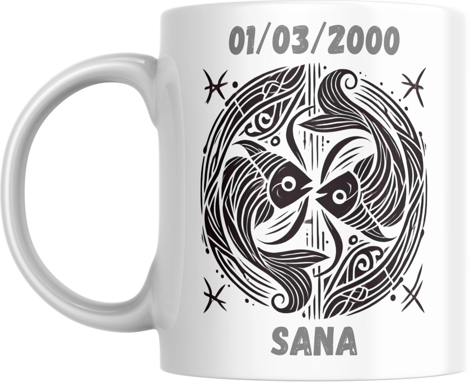 Mug signe astrologique Poissons personnalisé : deux poissons tête-bêche, prénom et date de naissance