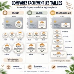 Comparatif des tailles de stickers personnalisés ronds, carrés et rectangulaires 2:1 de 3 à 8 cm