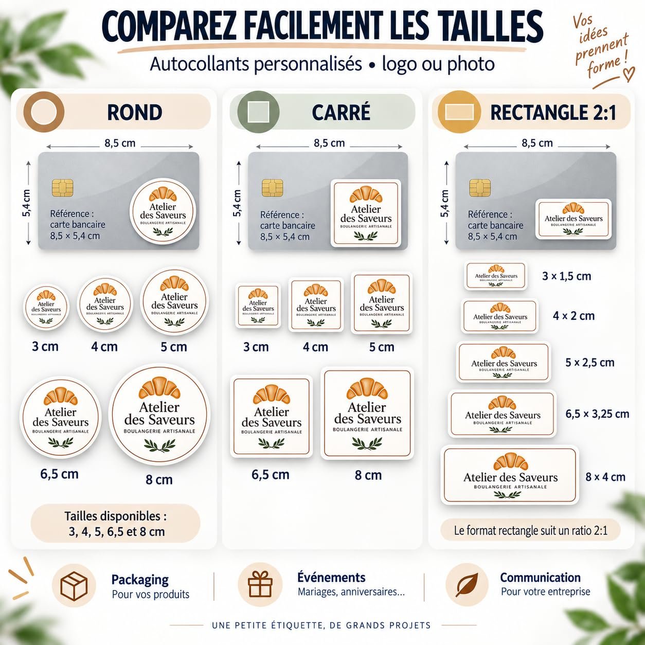 Comparatif des tailles de stickers personnalisés ronds, carrés et rectangulaires 2:1 de 3 à 8 cm