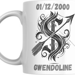 Mug signe astrologique Sagittaire personnalisé : flèche et glyphe calligraphié, prénom et date de naissance