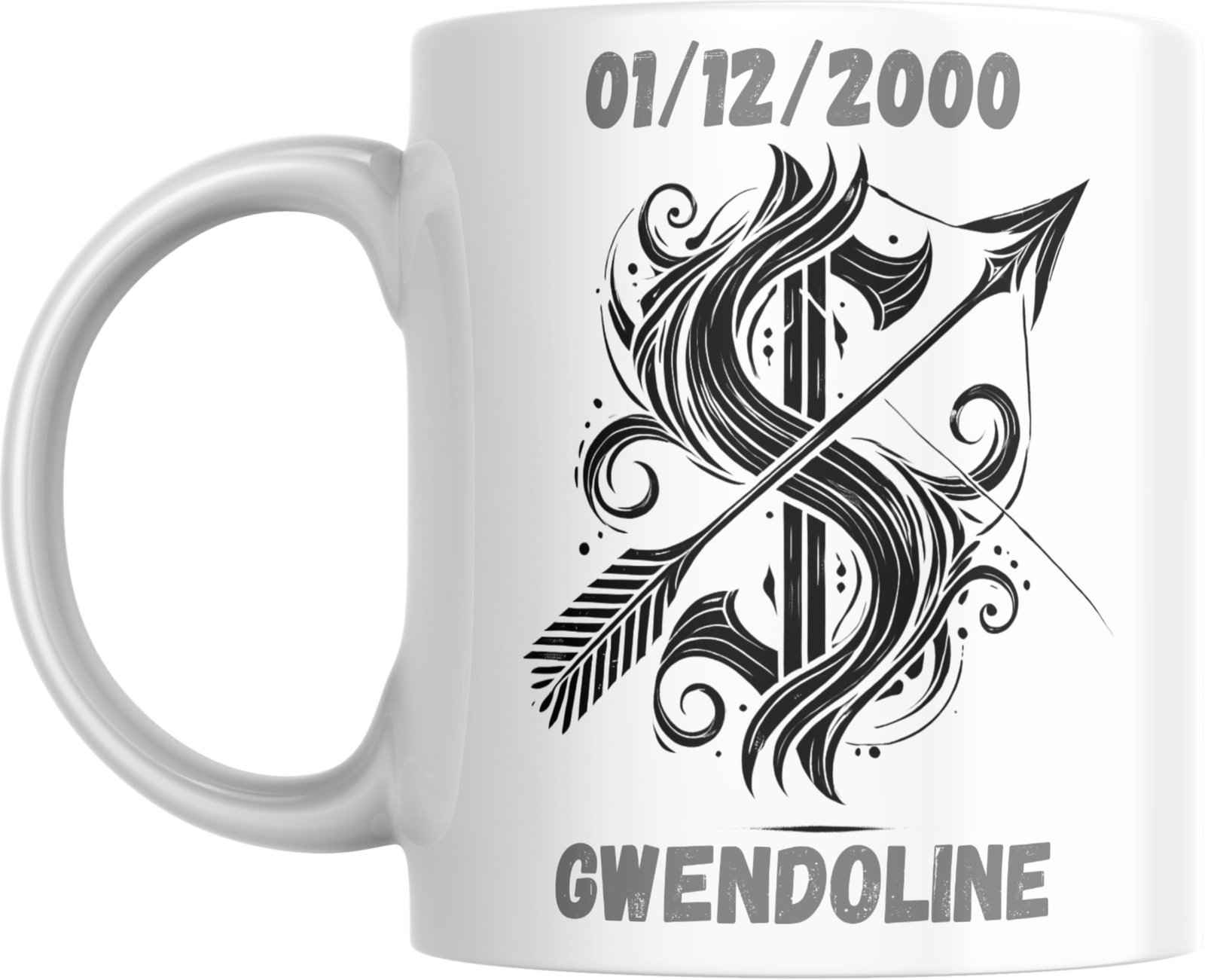 Mug signe astrologique Sagittaire personnalisé : flèche et glyphe calligraphié, prénom et date de naissance