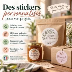 Stickers ronds personnalisés sur un pot de confiture, un sachet kraft et un carton