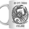 Mug signe astrologique Cancer personnalisé : crabe stylisé dans un cercle de vagues, prénom et date de naissance