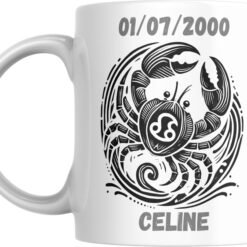 Mug signe astrologique Cancer personnalisé : crabe stylisé dans un cercle de vagues, prénom et date de naissance
