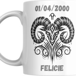 Mug signe astrologique Bélier personnalisé : tête de bélier aux cornes enroulées, prénom et date de naissance