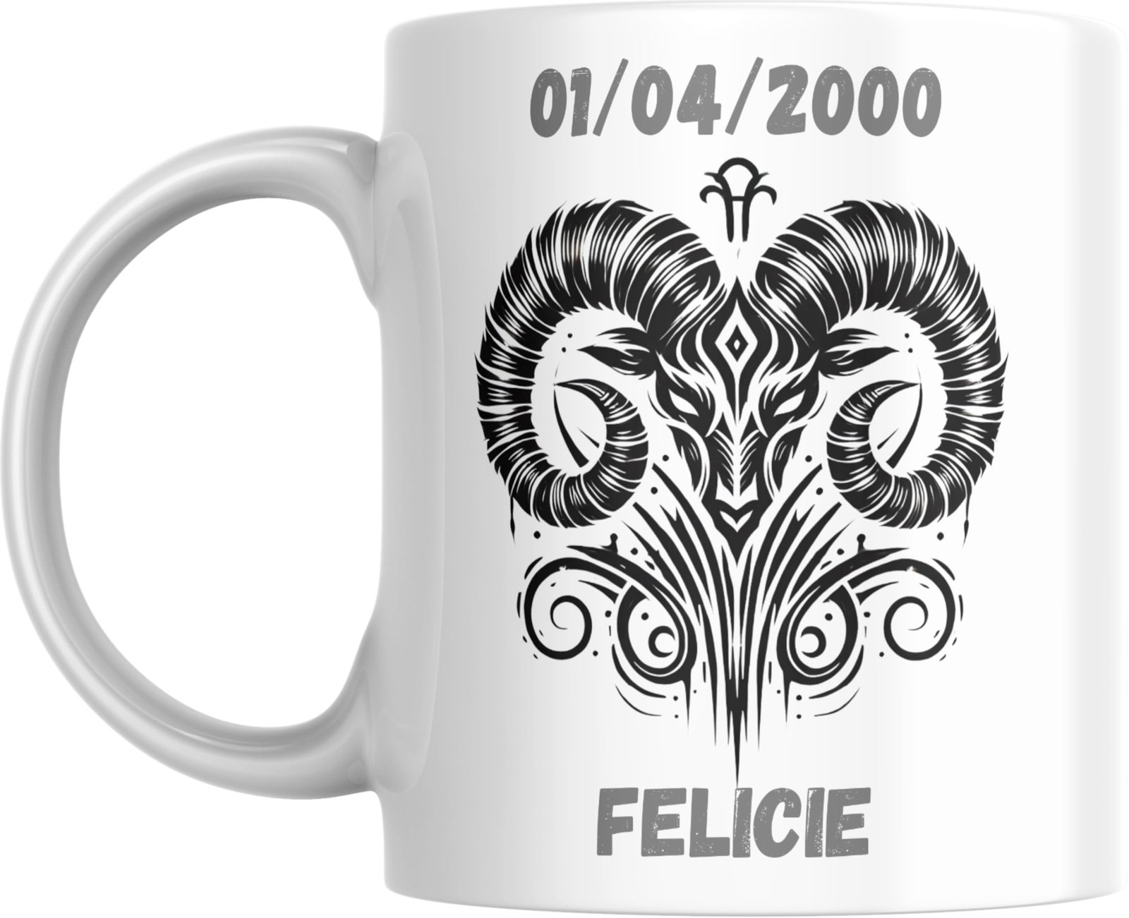 Mug signe astrologique Bélier personnalisé : tête de bélier aux cornes enroulées, prénom et date de naissance