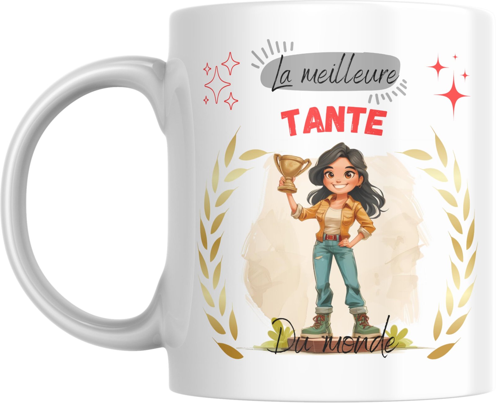 Mug meilleure tante du monde avec jeune femme illustrée tenant une coupe