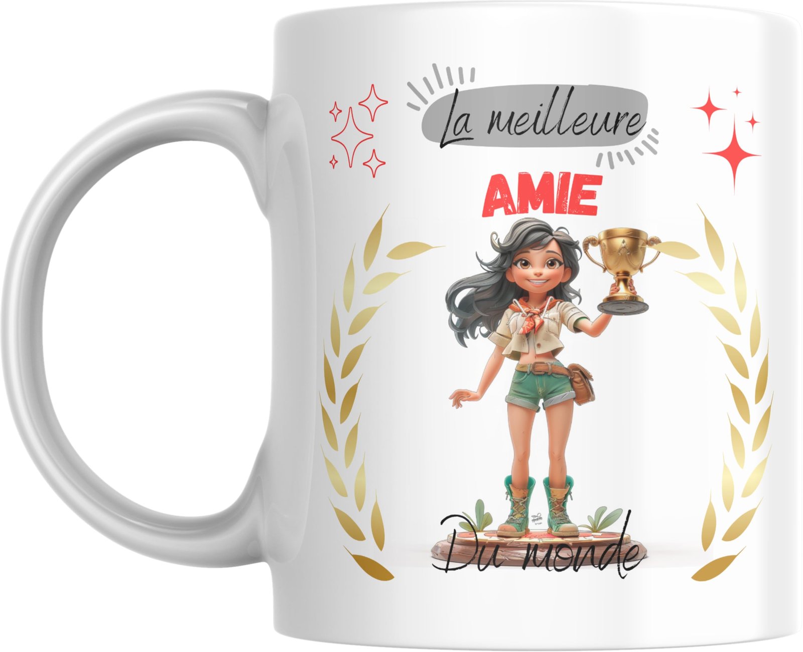 Mug meilleure amie du monde avec aventurière illustrée tenant une coupe