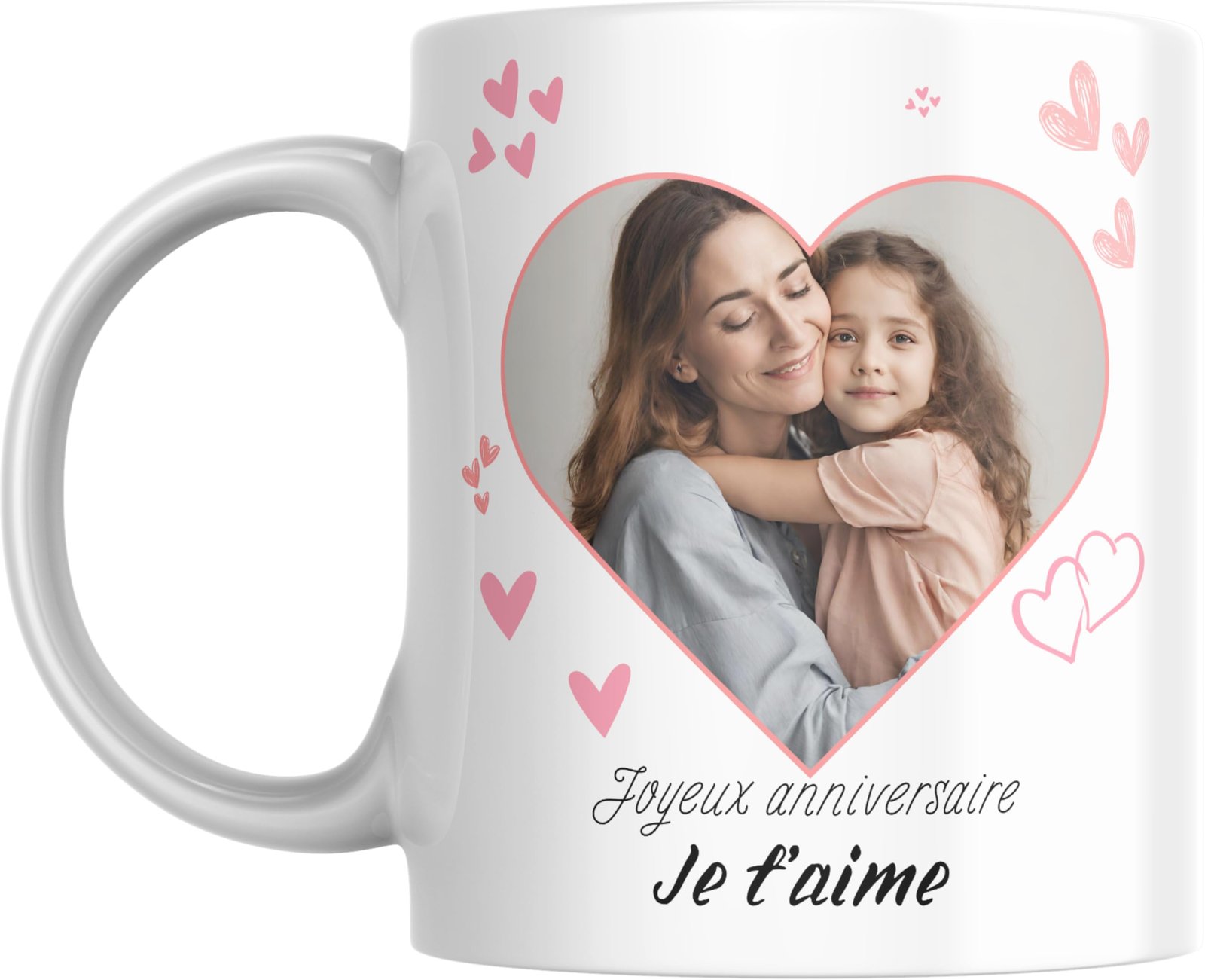 Mug photo cœur personnalisé avec texte Joyeux anniversaire, je t’aime
