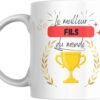 Mug meilleur fils du monde avec coupe dorée et bannière rouge