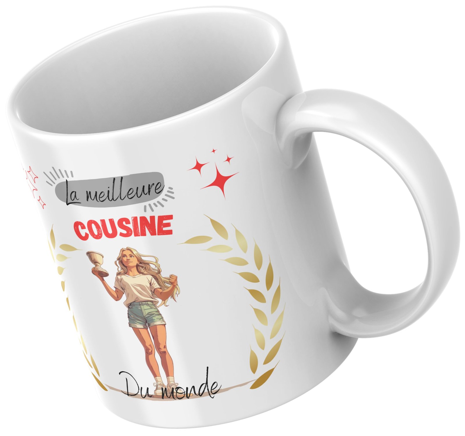 Mug meilleure cousine du monde, laurier doré et étoiles