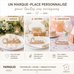 Marque-places en bois aux prénoms Charlotte, Lucas et Emma sur des tables de mariage, de baptême et d’anniversaire