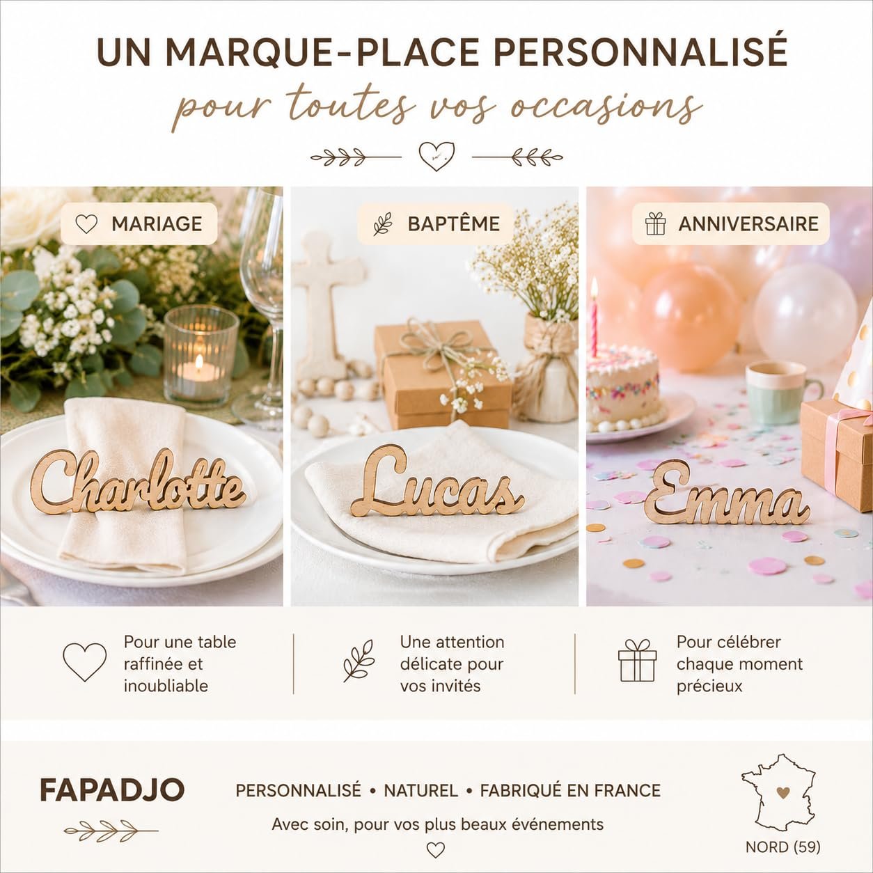 Marque-places en bois aux prénoms Charlotte, Lucas et Emma sur des tables de mariage, de baptême et d’anniversaire
