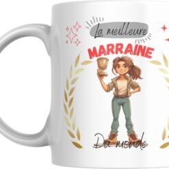 Mug meilleure marraine du monde avec jeune femme illustrée tenant une coupe
