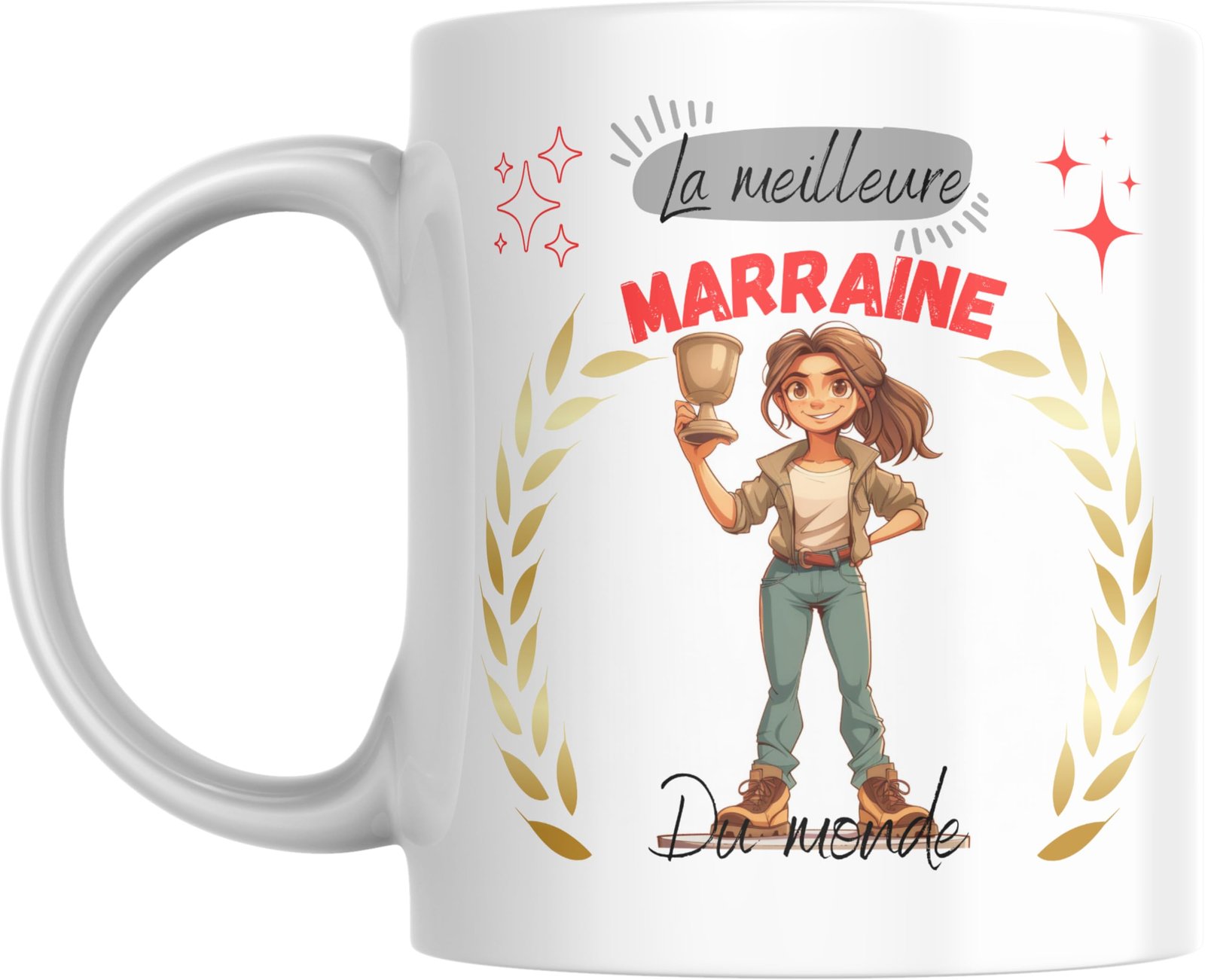 Mug meilleure marraine du monde avec jeune femme illustrée tenant une coupe