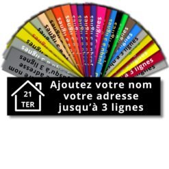 Éventail des couleurs de plaques boîte aux lettres, avec une plaque noire à texte blanc au premier plan