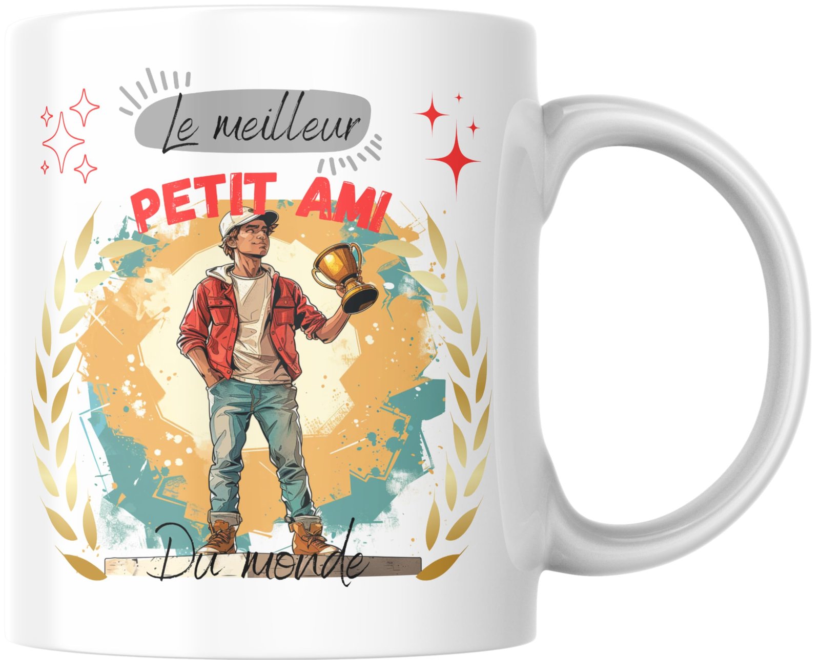 Mug meilleur petit ami du monde, laurier doré et étoiles