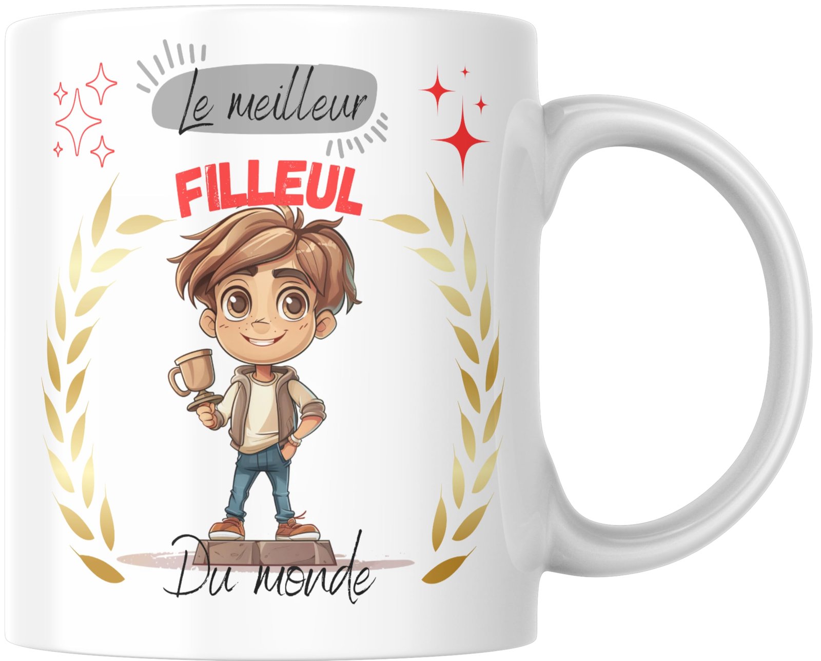 Mug meilleur filleul du monde avec garçon illustré tenant un trophée