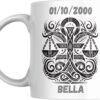 Mug signe astrologique Balance personnalisé : balance à deux plateaux symétrique, prénom et date de naissance