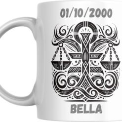 Mug signe astrologique Balance personnalisé : balance à deux plateaux symétrique, prénom et date de naissance