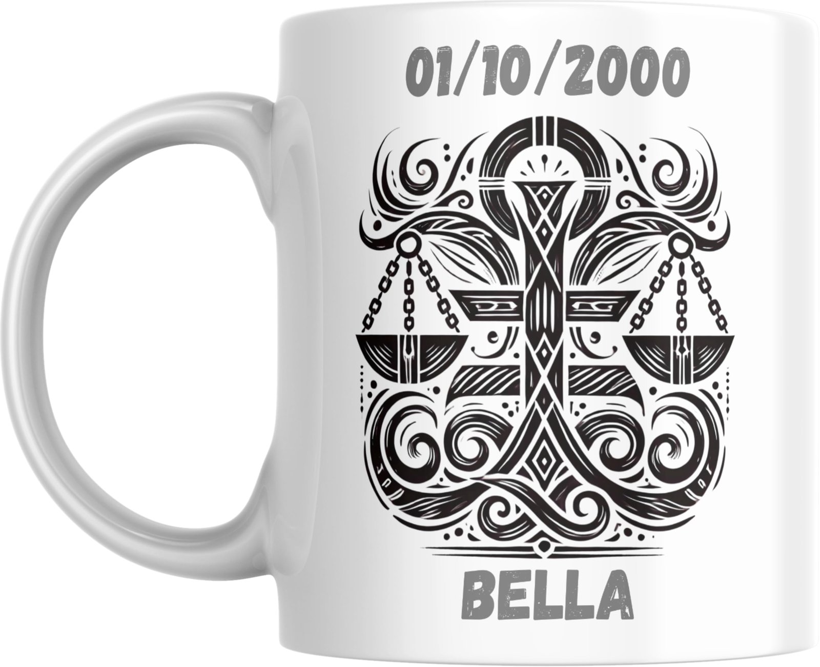 Mug signe astrologique Balance personnalisé : balance à deux plateaux symétrique, prénom et date de naissance