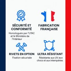 Pictogrammes des points forts de la plaque : conformité, fabrication française, rivets en option et résistance