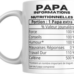 Mug papa humour avec tableau d’informations nutritionnelles Portion 1 papa extra