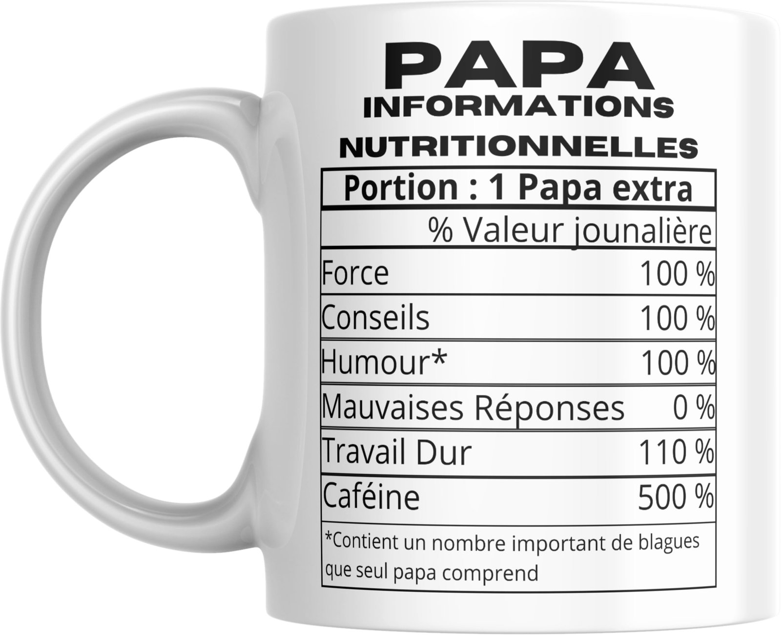 Mug papa humour avec tableau d’informations nutritionnelles Portion 1 papa extra