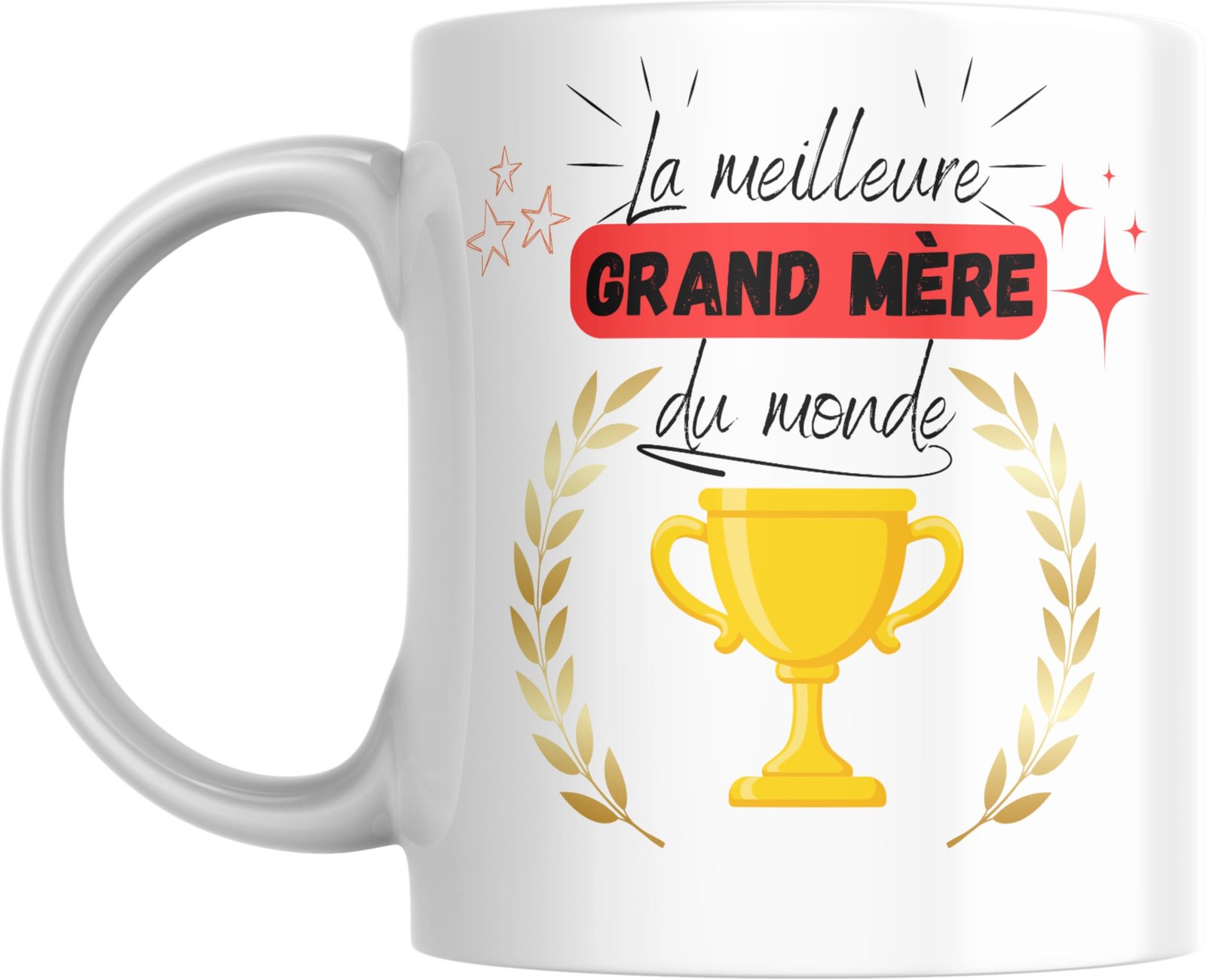 Mug meilleure grand-mère du monde avec coupe dorée et bannière rouge