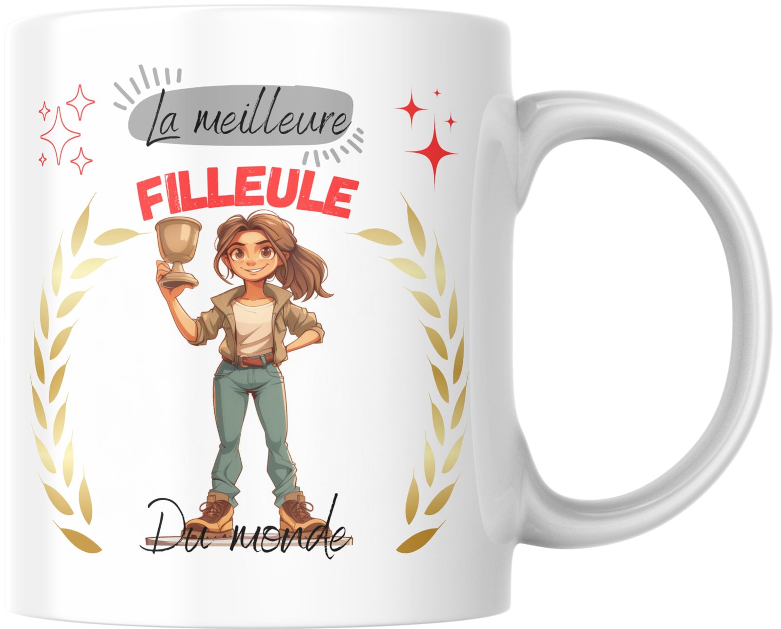 Mug La meilleure filleule du monde, laurier doré et étoiles