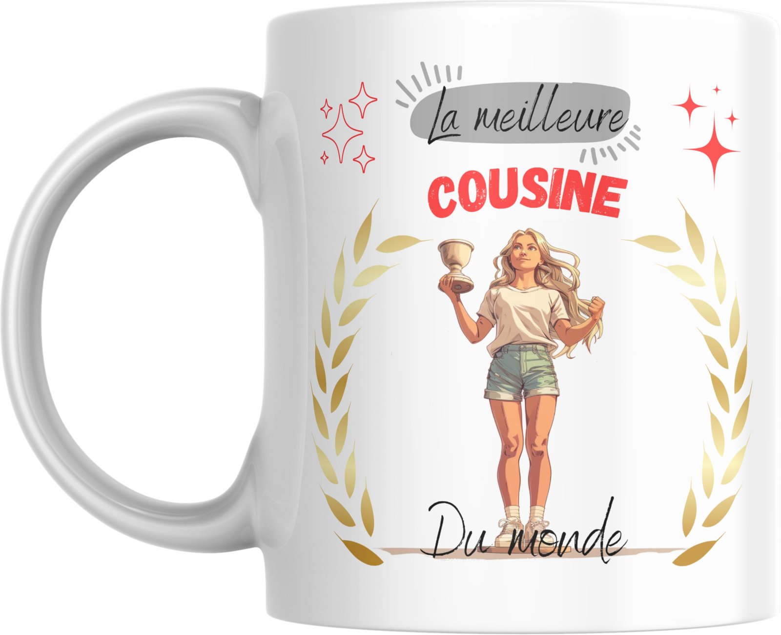 Mug meilleure cousine du monde avec jeune femme blonde illustrée tenant une coupe